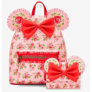 NWT Loungefly Disney Floral Pink And Red Mini Backpack and Wallet Set
